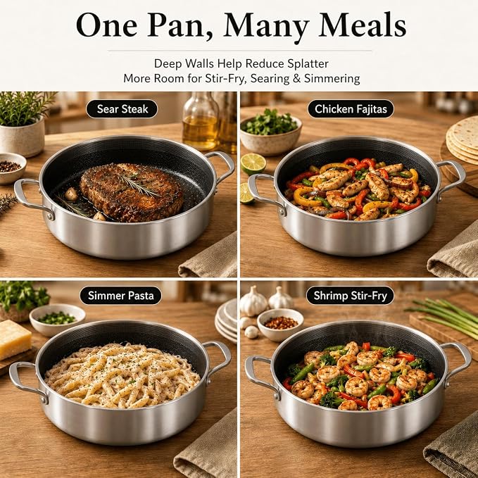 DELARLO Tri-Ply Stainless Steel 10 Inch Deep Frying Pan 3QT Saute Pan With Lid, Induction Compatible Chef Cooking Pan with lid, Dishwasher & Oven Safe