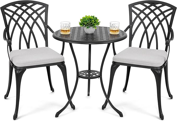 NUU GARDEN Bistro Set 3 Piece Outdoor Cast Aluminum Patio Bistro Set Patio Table and Chairs Set of 2 with Umbrella Hole and Gray Cushions, Black