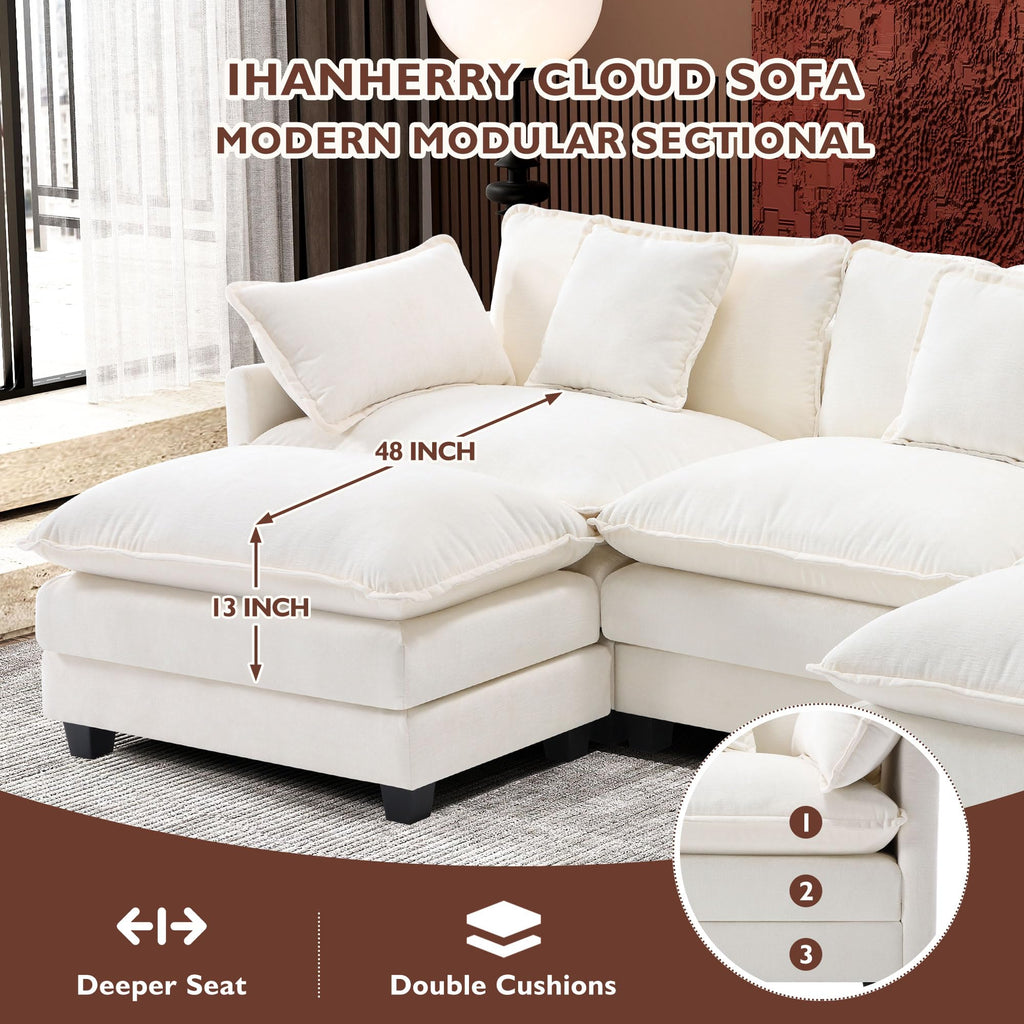 Ihanherry 111.4" L Shaped Modern Sofa Modular Sectional Cloud Couch with Ottoman, 4-Seat Chenille Deep Seat Sofa with Pillow for Living Room, Bedroom and Apartment, Beige