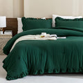 Andency Dark Emerald Green Comforter Set Queen, 3 Pieces Solid Ruffle Farmhouse Bedding Set for Queen Bed, Lightweight Soft Ruffled Bed Comforter Set for All Seasons
