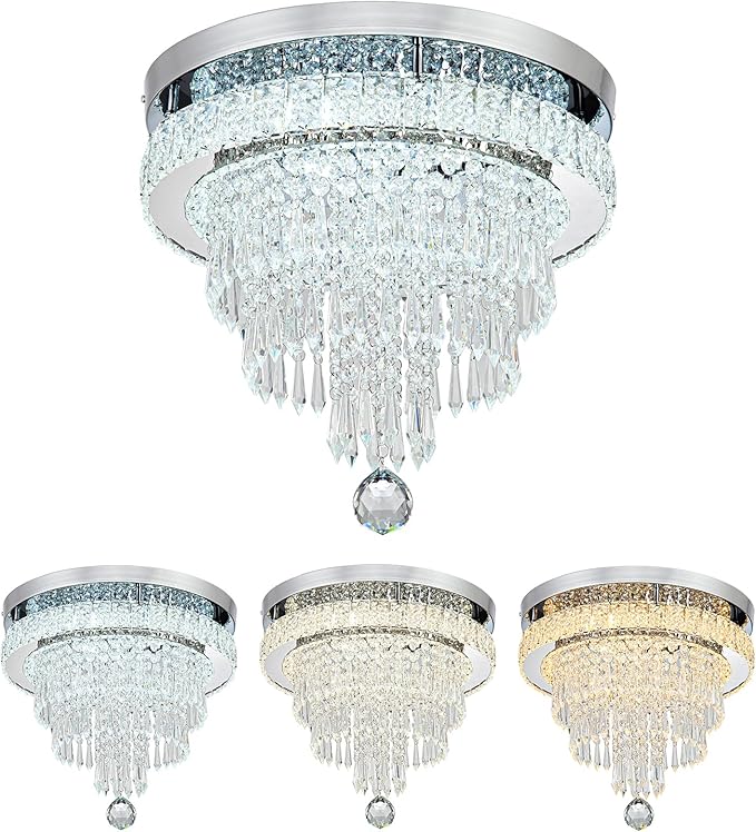 16“ Crystal Chandeliers Round Modern LED Chandelier Light Flush Mount Ceiling Light Fixtures with Remote Control for Bedroom Living Room Dining Room (dimmable)