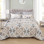 EMME Twin Comforter Set - Grey White Floral Bedding Set 5 PCS with Geometric Flowers Pattern, Soft Plant Printed Botanical Bed Set with Sheets,Fluffy Bed Bag for All Season(68"X90")