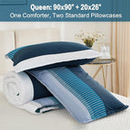 Litanika Navy Blue Comforter Queen Size Set, 3 Pieces Bedding Set, Double Blue White Colorblock Stripe (90x90In Comforter, 2 Pillowcases)