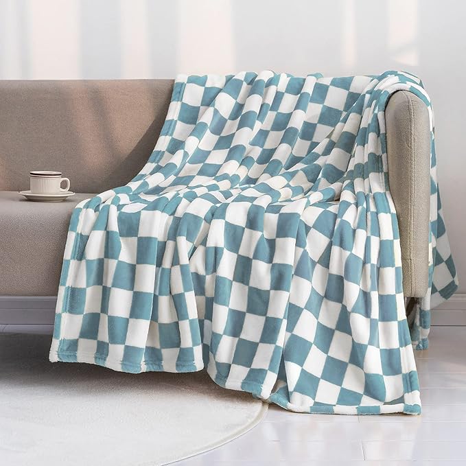 LOMAO Throw Blankets Flannel Blanket with Checkerboard Grid Pattern Soft Throw Blanket for Couch, Bed, Sofa Luxurious Warm and Cozy for All Seasons (Light Blue, 50"x60")
