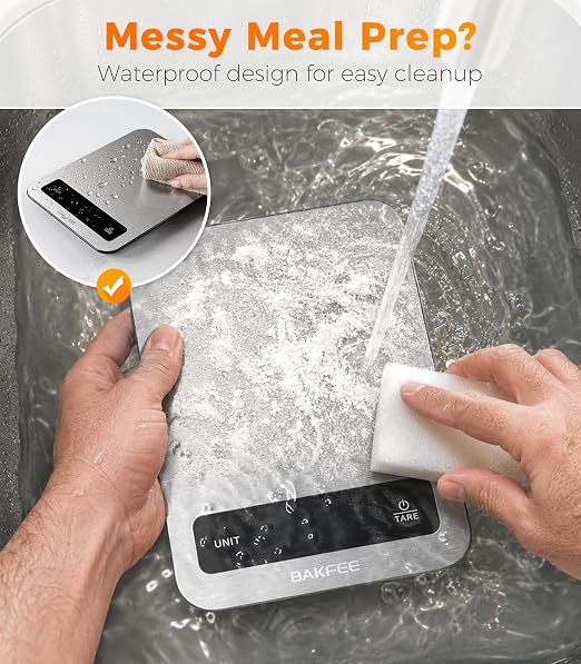 Waterproof Kitchen Food Scale, 1g/22lb, IP67, Rechargeable, Grey | Premium Stainless Steel & Tempered Glass, Clear LED Display, with 6 Units, Tare, Ideal for Cooking, Making Sourdough Bread