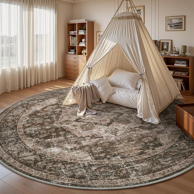 AMOAMI 6FT Round Rug - Vintage Soft Coffee & Brown Rugs for Living Room, Bedroom, Dining Room, Office - Non Slip, Machine Washable