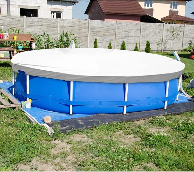 ECOOPTS 12 ft Waterproof Round Polyester Pool Cover for Above Ground Pools, Swimming Pool Cover Protector Winter Safety Cover (Light Grey)