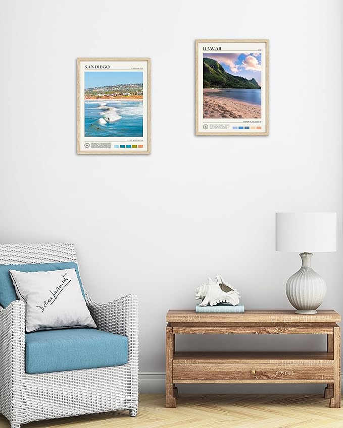 HesenDot Natural OAK Wood San Diego Surfing Framed Wall Art,12x16in Natural Seascape Canvas Wall Print,Classic Urban Landmark Wall Decor for Living Room,Bedroom,Office Gallery Gifts Set of 1