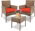 YIYAN 3 Pieces Patio Bistro Set Outdoor Wicker Furniture Outdoor Porch PE Rattan Wicker Chairs Furniture Sets with Sofa Chairs,Glass Coffee Table and Red Washable Cushion