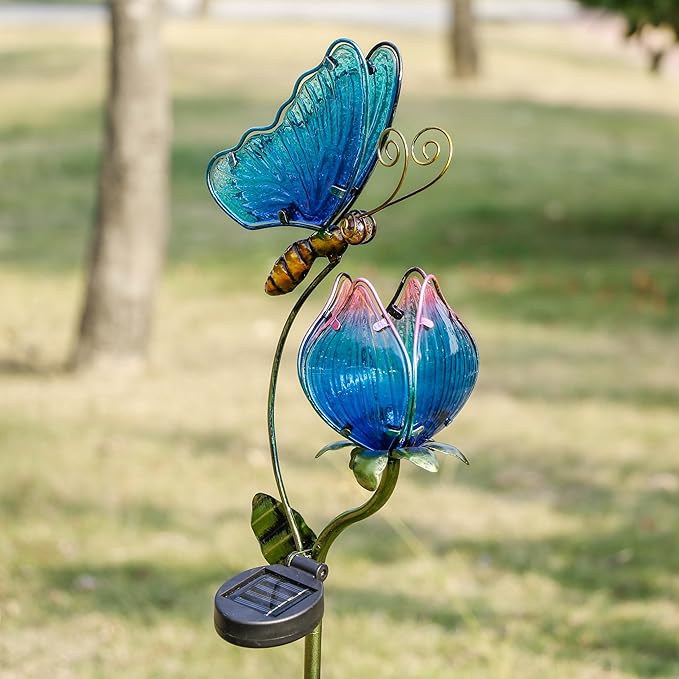 TERESA'S Collections Flower Yard Decorations Outdoor, 42'' Blue Glass Butterfly Solar Outdoor Lights Garden Decor for Outside, Metal Yard Art Garden Stake Decorative for Patio Decor,Gifts for Mom