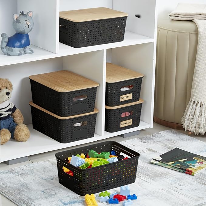 Small Plastic Storage Bins with Bamboo Lids 5.2qt Stackable Box Basket Pantry Decorative Containers Cute with Lable for Organizing Desktop Closet Office Black of 6 packs 10 * 7.2 * 4.1'’
