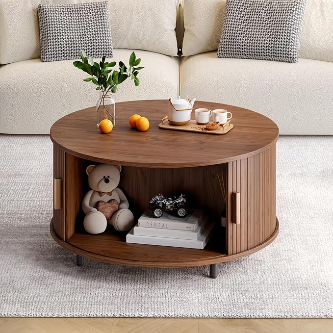 Round Coffee Table with Storage, 31.5" Modern Coffee Table with 360° Curved Sliding Door, Fluted Wood Accent Coffee Table with Adjustable Footpads, Round Center Table for Living Room, Walnut