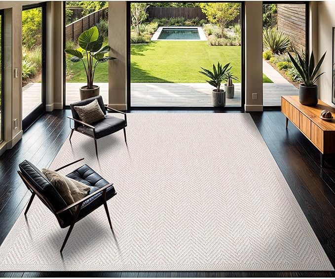 CAMILSON Easy Jute Rug 6x9, Indoor Outdoor Off-White Color Fiber Area Rugs for Living Room Patio and Bedroom Rug Herringbone Seagrass Woven Design Easy-Cleaning, Washable Outside Carpet Alfombras 6x9
