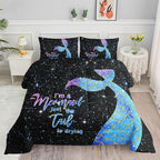 Datura home Bedding Comforter Set Black Starry Sky Mermaid Printed Pattern Quilt with 1 and 2 Pillowcases for Girls Bedroom All Season(Black Queen) Queen 90x90inches