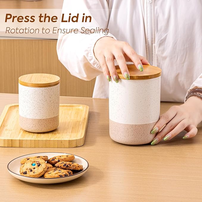Yangbaga Canister Sets for Kitchen Counter, 40 OZ Large Ceramic Food Storage Jars with Airtight Wood Lids, Large Kitchen Canisters for Coffee, Sugar, Tea, Flour, Spice Visit the Store