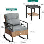YITAHOME 3-Piece Outdoor Rocking Chair Bistro Set, Patio Wicker Rocking Chair Conversation Set with Glass Coffee Table & Soft Cushions for Balcony, Lawn and Porch Poolside (Light Brown+Gray)