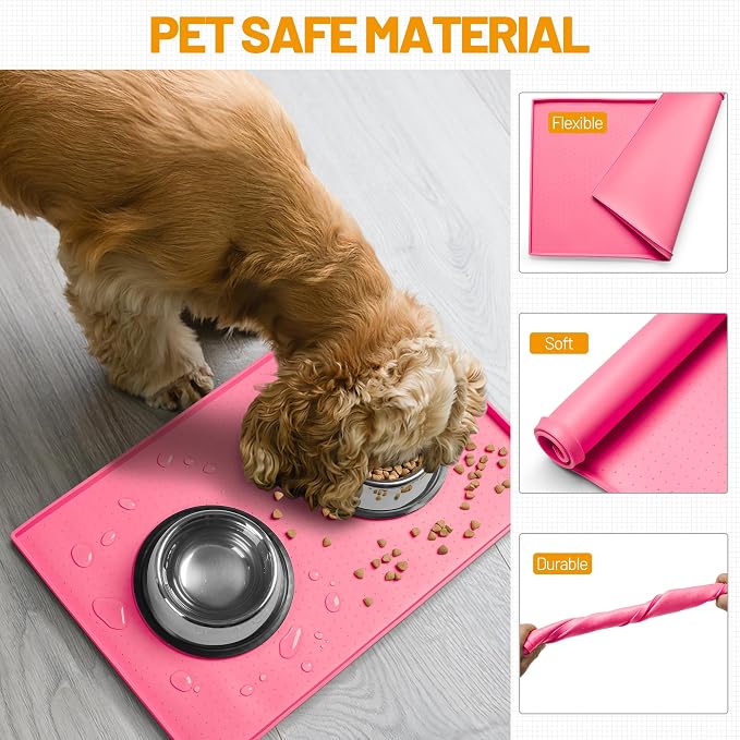 Hubulk Dog Feeding Mat,100% Waterproof Food Grade Silicone Pet Food and Water Bowl Placemat,Dishwasher, High Raised Edge to Prevent Spills,Nonslip Tray to Stop Messes on Floor（28"x18"x0.8", Pink）