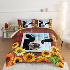 HOSIMA Farmhouse Animal Cow Comforter with 2 Pillowcases,Wooden Decor Terracotta Comforter for Adults Teens,Cow Print Bedding Room Decor,Sunflower Full Size Comforter Set.