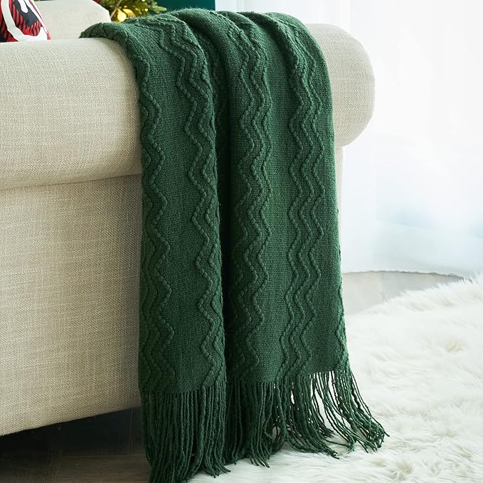 MIULEE Dark Green Knitted Throw Blanket for Couch Boho Textured Cozy Woven Blanket with Tassels for Sofa Chair Bed Living Room Acrylic Wave Pattern 50"x60"