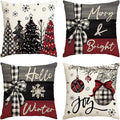 AVOIN colorlife Merry Christmas Joy Xmas Trees Red Throw Pillow Covers, 18 x 18 Inch Christmas Winter Holiday Cushion Case Decoration for Sofa Couch Set of 4