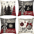 AVOIN colorlife Merry Christmas Joy Xmas Trees Red Throw Pillow Covers, 18 x 18 Inch Christmas Winter Holiday Cushion Case Decoration for Sofa Couch Set of 4