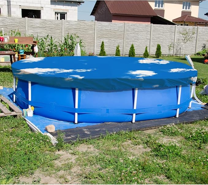 ECOOPTS 18 ft Waterproof Round Polyester Pool Cover for Above Ground Pools, Swimming Pool Cover Protector Winter Safety Cover (Blue Sky)