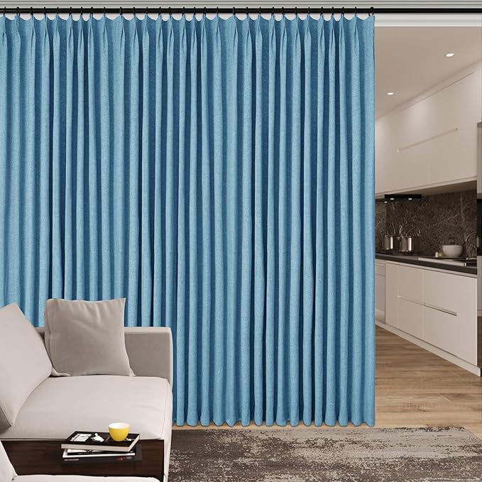 Extra Wide 100% Blackout Linen Textured Curtains - Room Dividers, W150 x L108 (1 Panel), Pinch Pleat Drapes for Living Room, Full Light Block Out Drapery for Sliding Door, Blue