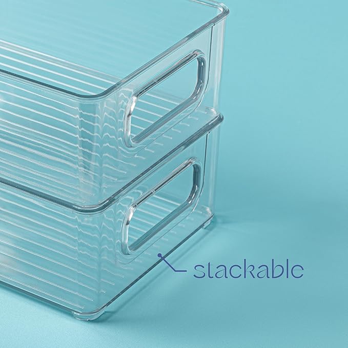 Plastic Food Storage Clear Container Bin with Handles for Organizing Kitchen, Pantry, Refrigerator, Freezer, Pantry, Cabinet, Closet, Bathroom. Stackable 10”x6”x3”