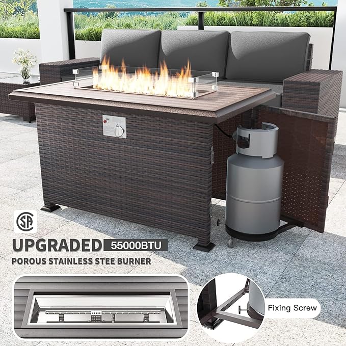 Kullavik 7 PCS Outdoor Patio Furniture Set with 43" 55000BTU Gas Propane Fire Pit Table PE Wicker Rattan Sectional Sofa Patio Conversation Sets for Outdoor,Grey
