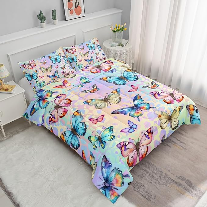 Datura home Kids Comforter Set Butterfly Printed Pattern Bedding Set with 1 Comforter and 2 Pillowcases for Girls Boys Bedroom All Season(Butterfly0 Full)