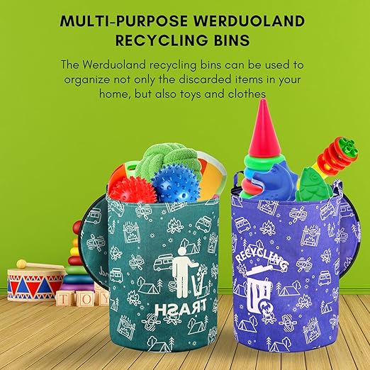 2 Pcs 30 Gallon Collapsible Trash Can Portable Waterproof Reusable with Zippered Lid for RV's, Camping, Recycling, Yard Waste, Leaf Bag, Children Toy Bin (Trash and Recycling)