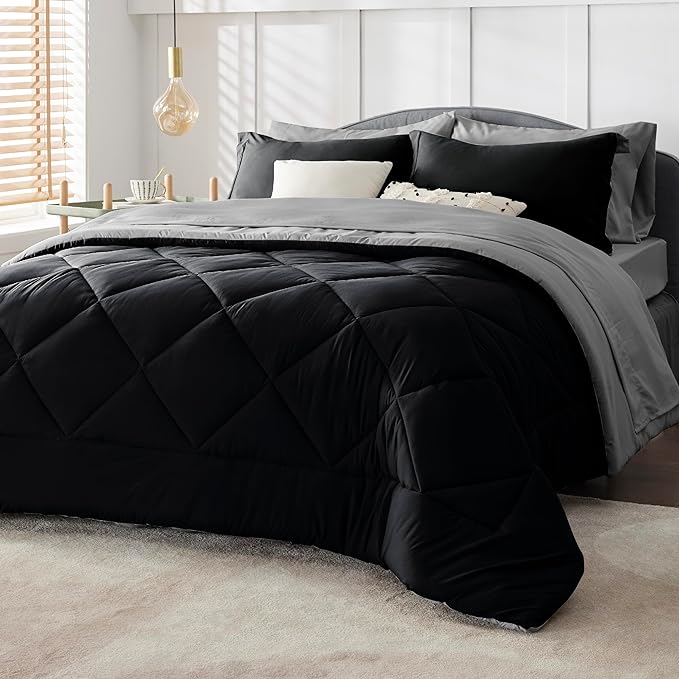 Bedsure Black California King 7 Pieces Reversible Bed Set Bed in a Bag with Comforters, Sheets, Pillowcases & Shams, Bedding Sets