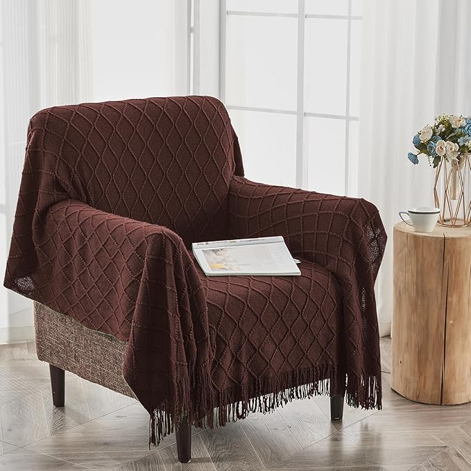inhand Knitted Throw Blankets for Couch and Bed, Soft Cozy Knit Blanket with Tassel, Diamond Brown Lightweight Decorative Blankets and Throws, Farmhouse Warm Woven Blanket for Men and Women, 50"x60"