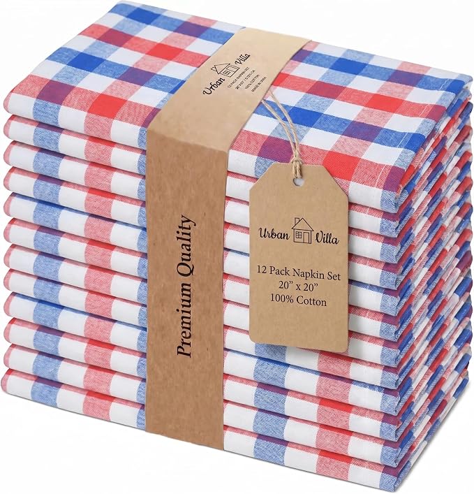 Urban Villa Cloth Napkins July4th 20x20 (Set of 12) Red/Blue