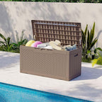 Patiolife 100 Gallon Resin Deck Box with Cushion, Large Outdoor Storage Box for Garden Tools, Pool Supplies, Waterproof and Lockable, Dark Brown
