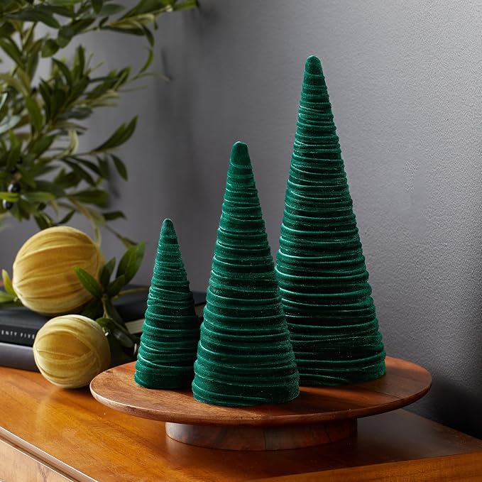 Your Heart's Content Emerald Velvet Trees Set of 3, Elegant Winter Mantel Decor, Valentine Tabletop, Classic Winter Wedding Centerpiece, Cozy Farmhouse (Emerald)