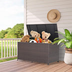 HAPPYGRILL 133 Gallon Outdoor PE Wicker Storage Box Rattan Deck Container with Waterproof Liner and 2 Universal Wheels, Garden Furniture Container Box for Cushions Garden Tools