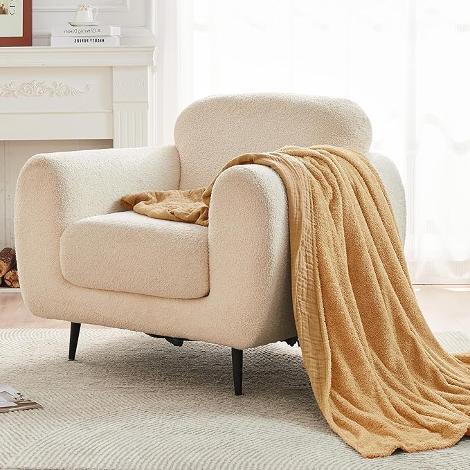 EMME Muslin and Fleece Throw Blanket Reversible - 50"*60" Beige Soft Warm Throw Blankets for Couch Bed Picnic Travel Bed
