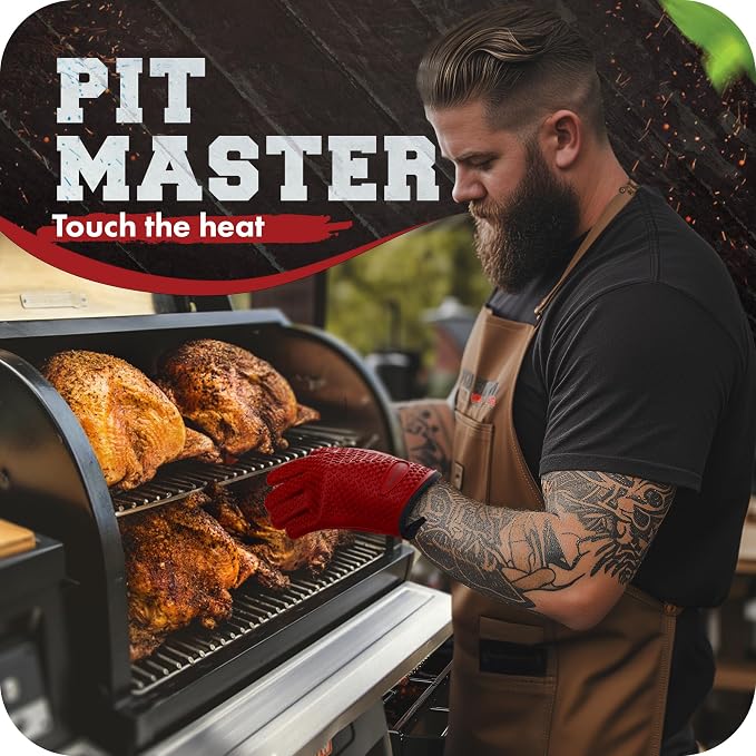 KITCHEN PERFECTION S Silicone Smoker BBQ Gloves - Heat Resistant Oven Mitts | Waterproof, 5-Finger Design For A Better Grip, for Pitmasters, Meat Smoking, Grilling, Cooking, Frying Turkey | Grill Gift