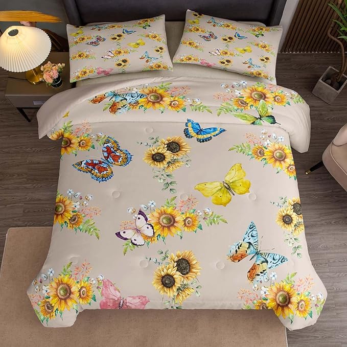 Tailor Shop Sunflower Comforter Sets King Size,Sunflower Bedding Sets for Teens Kids Butterflies Comforter Sets,Butterfly Bedding Sets Vintage Yellow Flowers Bedding Sets with 2 Pillowcases