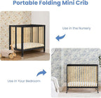 Delta Children Mia Portable Folding Mini Crib with 1.5-Inch Mattress - Greenguard Gold Certified, Ebony Black/Natural