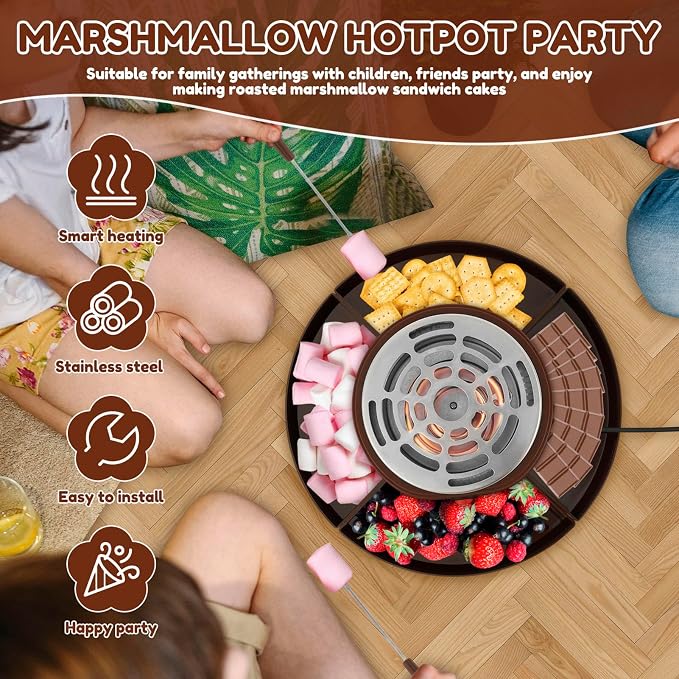 2-In-1 S'mores Maker & Chocolate Fondue Set, 280W Tabletop Indoor S'mores Kit with 10 Accessories, Maximum Disk Diameter 30 Cm, Electric Marshmallow Roaster for Parties, Movie Nights & Gifts