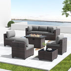 Kullavik 8 Pieces Outdoor Patio Furniture Set with 43" Gas Propane Fire Pit Table PE Wicker Rattan Sectional Sofa Patio Conversation Sets,Grey