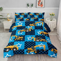Axolotl Excavator Comforter Set Full Size,Blue Plaid Comforter Set with Star,Excavator Bedding Set for Kids Boys Teens,Construction Vehicle Comforter Set for Boys,1 Quilt 2 Pillowcases