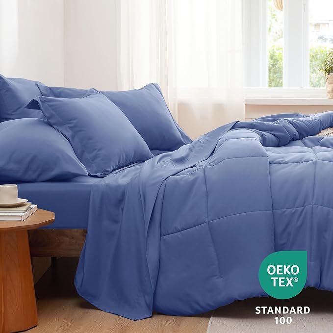 Bedsure Infinity Blue Twin Comforter Set - 5 Pieces Solid Twin Bed in a Bag, Twin Bed Set Infinity Blue with Comforters, Sheets, Pillowcase & Sham