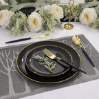KIRE 60PCS Black Plastic Plates - Black Disposable Plates with Gold Rim for Halloween Party/Graduation - Include 30Pcs 10.25inch for Dinner and 30Pcs 7.5inch for Dessert