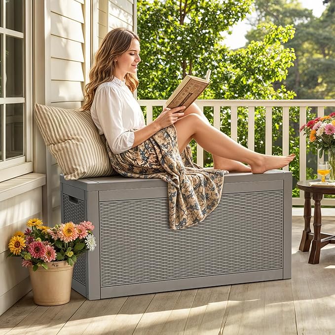 YITAHOME 60 Gallon Resin Deck Box, Weather Resistant Outdoor Rattan Storage Box, Lockable Indoor Outdoor Storage for Supplies and Essentials, Taupe