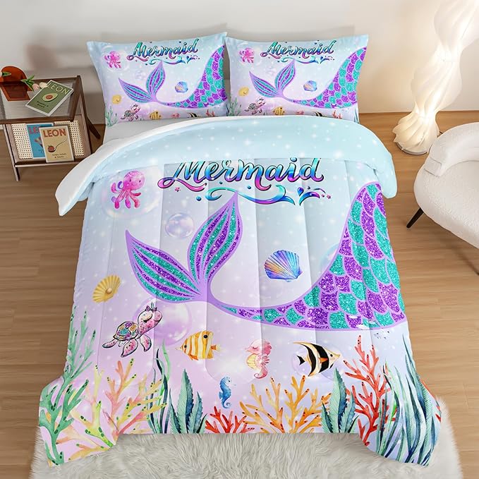 HOSIMA Mermaid Tail Comforter Set for Kids Girls Teens Bedroom Decor,Cartoon Scallop Sea Turtle Sea Horses Octopus Kawaii Bedding Set Mermaid Fish Scale Comforter,Ocean Full Size Bed in a Bag Set.