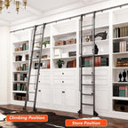 DIYHD 108" Rolling Library Ladder with Handrail, 4FT Sliding Rail, Black | 9-Step lightweight ladder with space-saving upright storage, Telescopic top hooks, Locking bottom rollers, 300lbs capacity