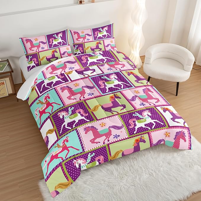 HOSIMA 3Pcs Kawaii Kids Horse Comforter Set with 2 Pillowcases,Colorful Dots Style Full Size Bed in a Bag Set for Adults Teens Princess Toddler Bedding Set,Horse Pony Full Size Comforter Sets.
